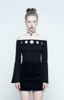 PUNK RAVE SHOP PT-213 OPT-213TCF Black bare shoulders top with moons, flared and slit long sleeves, witchy gothic
