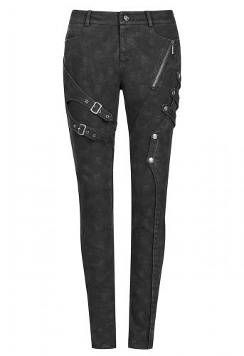 PUNK RAVE SHOP K-355 WK-355XCF-BK Pantalon en jeans noir  crnes avec sangles et poches, rock gothique, Punk Rave