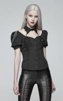 PUNK RAVE SHOP Y-963BK WY-963CDF-BK Lilith black shirt with embroidery, balloon sleeves and removable bat collar, Punk Rave