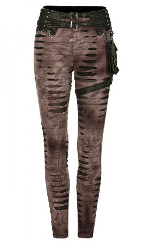 PUNK RAVE SHOP K-421CO WK-421DDF-CO Pantalon marron trou avec ceinture, sangles et poches noirs, steampunk, Punk Rave