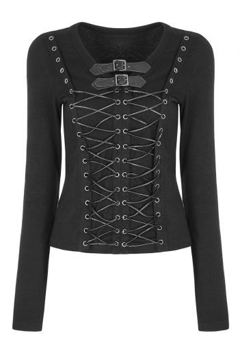 PUNK RAVE SHOP T-523BK WT-523TCF Women long sleeve top with lace-up and straps, medieval gothic, Punk Rave