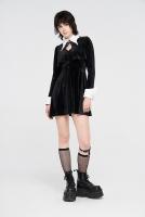 PUNK RAVE SHOP Q-474BK WQ-474LQF Black velvet dress with white collar and cuffs, bolero effect, witchy nugoth, Punk Rave