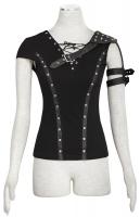 Black tshirt with straps and synthetic leather yokes V-neck steampunk Punk Rave