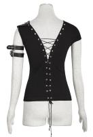 PUNK RAVE SHOP T-433BK Black tshirt with straps and synthetic leather yokes V-neck steampunk Punk Rave