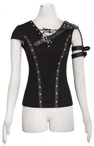 PUNK RAVE SHOP T-433BK Black tshirt with straps and synthetic leather yokes V-neck steampunk Punk Rave