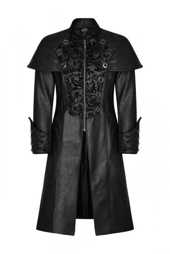 PUNK RAVE SHOP Y-802BK Black faux leather man coat with rivets and baroque patterns, Punk Rave Y-802