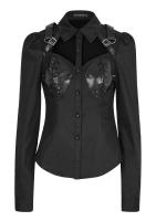 Open neckline black shirt, faux leather with rivets and gothic pinup military Punk Rave