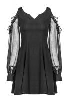 Black V-neck dress with wide transparent lace-up sleeves, elegant casual gothic
