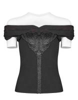 Dark Red Collar bar shoulders Top with Embroidery, Elegant Gothic, Punk Rave