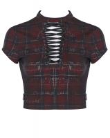 Red and black tartan crop top, faux leather lace-up and straps, punk rock, punk rave