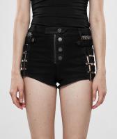 PUNK RAVE SHOP K-393BK WK-393NDF-BK Black denim shorts with buttons, openings and straps, rock nugoth Punk Rave