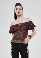 PUNK RAVE SHOP T-596CO WT-596TDF-BK-CO Brown bare shoulders top with lace-up and puffed sleeves, steampunk, Punk Rave
