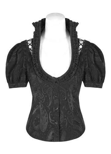 PUNK RAVE SHOP Y-1129 WY-1129CDF-BK Black lace-up shirt, balloon sleeves and high collar, aristocratic gothic, Punk Rave