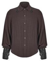 Brown striped man shirt, collar and black faux leather cuffs, steampunk, Punk Rave