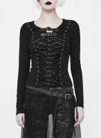 PUNK RAVE SHOP T-523BK WT-523TCF Women long sleeve top with lace-up and straps, medieval gothic, Punk Rave